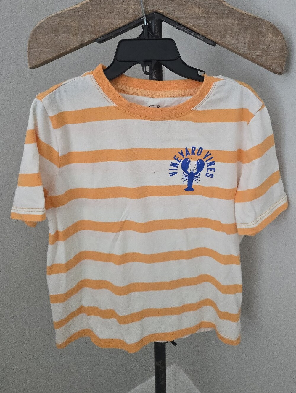 Vineyard Vines Kids Orange Cream Striped Tee with Blue Lobster Logo Boys Size 7
